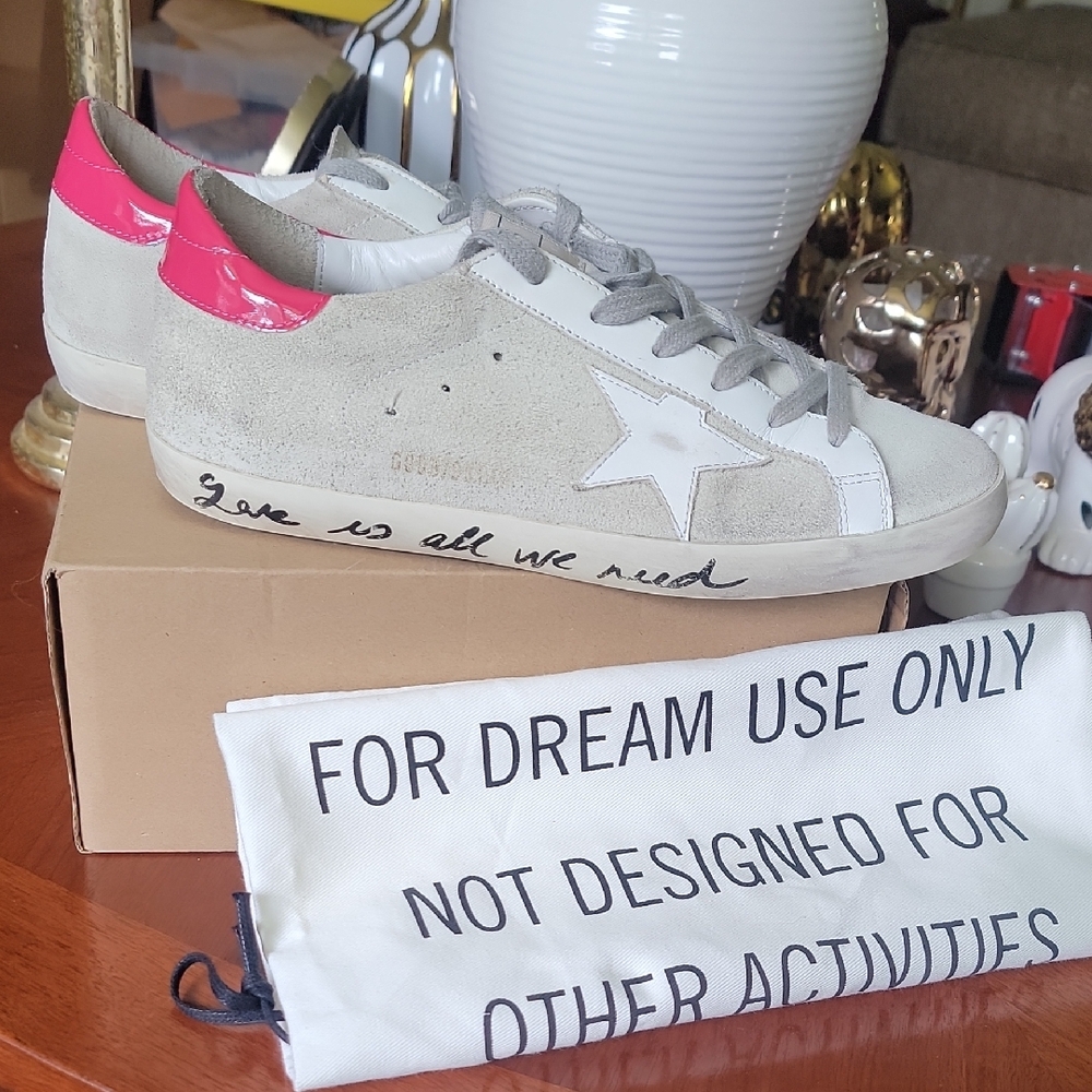 Golden Goose Gray and Pink Sneakers Distressed Style